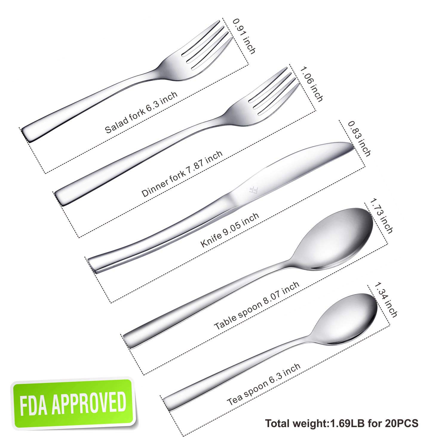 Ferfil Flatware Set, 20-Piece Stainless Steel Silverware /Cutlery /Tableware Set Service for 4, Include Knife/Fork/Spoon, Mirror Polished, Dishwasher Safe