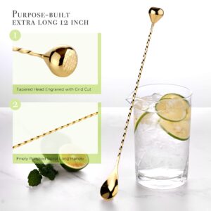 Homestia 2 in 1 Drink Stirrer Stainless Steel Long Spoon, Golden Cocktail Spoon Long Handle Muddler Spoon, 12" Mixing Spoons Cocktail Stirrers for Drinks, with Droplet-Shaped Muddler for Cocktails