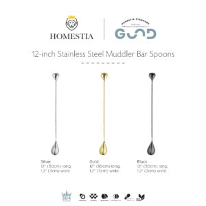 Homestia 2 in 1 Drink Stirrer Stainless Steel Long Spoon, Golden Cocktail Spoon Long Handle Muddler Spoon, 12" Mixing Spoons Cocktail Stirrers for Drinks, with Droplet-Shaped Muddler for Cocktails