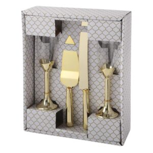 gold toasting glasses and cake server 4 piece set