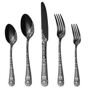 philipala 20 pcs mirror black silverware set, stainless steel flatware cutlery set for 4, tableware eating utensils sets with unique floral design, dishwasher safe