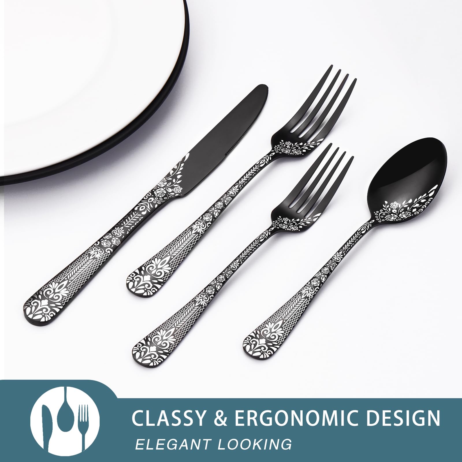 PHILIPALA 20 Pcs Mirror Black Silverware Set, Stainless Steel Flatware Cutlery Set for 4, Tableware Eating Utensils Sets with Unique Floral Design, Dishwasher Safe