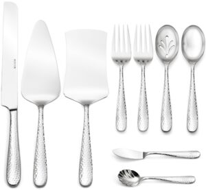 hudson essentials 9-piece bergamo hammered 18/10 stainless steel hostess serving utensil set - flatware silverware with wedding cake knife & cake server - perfect for weddings, engagements and parties