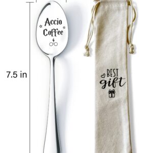 Ptzizi Funny Accio Coffee Engraved Stainless Steel Coffee Spoon for Coffee tea lovers, Book Lover Bookworm Friends Harry Potter Fan Birthday, Valentine, Christmas Gifts, Silver, 1.3x7