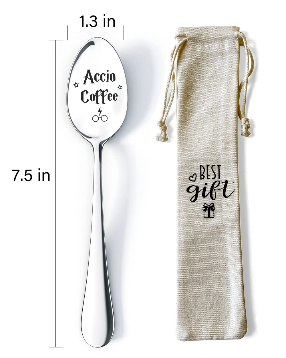 Ptzizi Funny Accio Coffee Engraved Stainless Steel Coffee Spoon for Coffee tea lovers, Book Lover Bookworm Friends Harry Potter Fan Birthday, Valentine, Christmas Gifts, Silver, 1.3x7