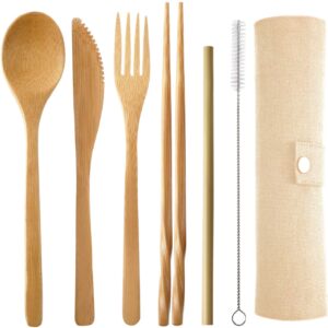 onwon® bamboo travel cutlery set include reusable knife fork spoon chopsticks straw eco friendly organic bamboo utensils camping flatware travel utensil set for picnic office and school lunch