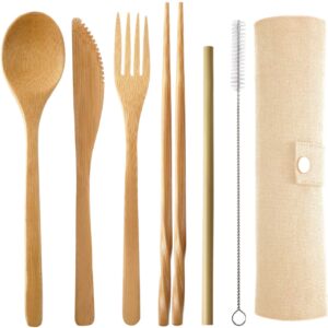 Onwon® Bamboo Travel Cutlery Set Include Reusable Knife Fork Spoon Chopsticks Straw Eco Friendly Organic Bamboo Utensils Camping Flatware Travel Utensil Set for Picnic Office and School Lunch