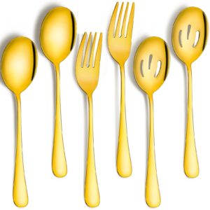6 pack serving spoons set includes 2 serving spoons 2 slotted serving spoons and 2 serving forks stainless steel buffet dinner restaurant serving spoons set for party banquet, 8.7 inch (gold)
