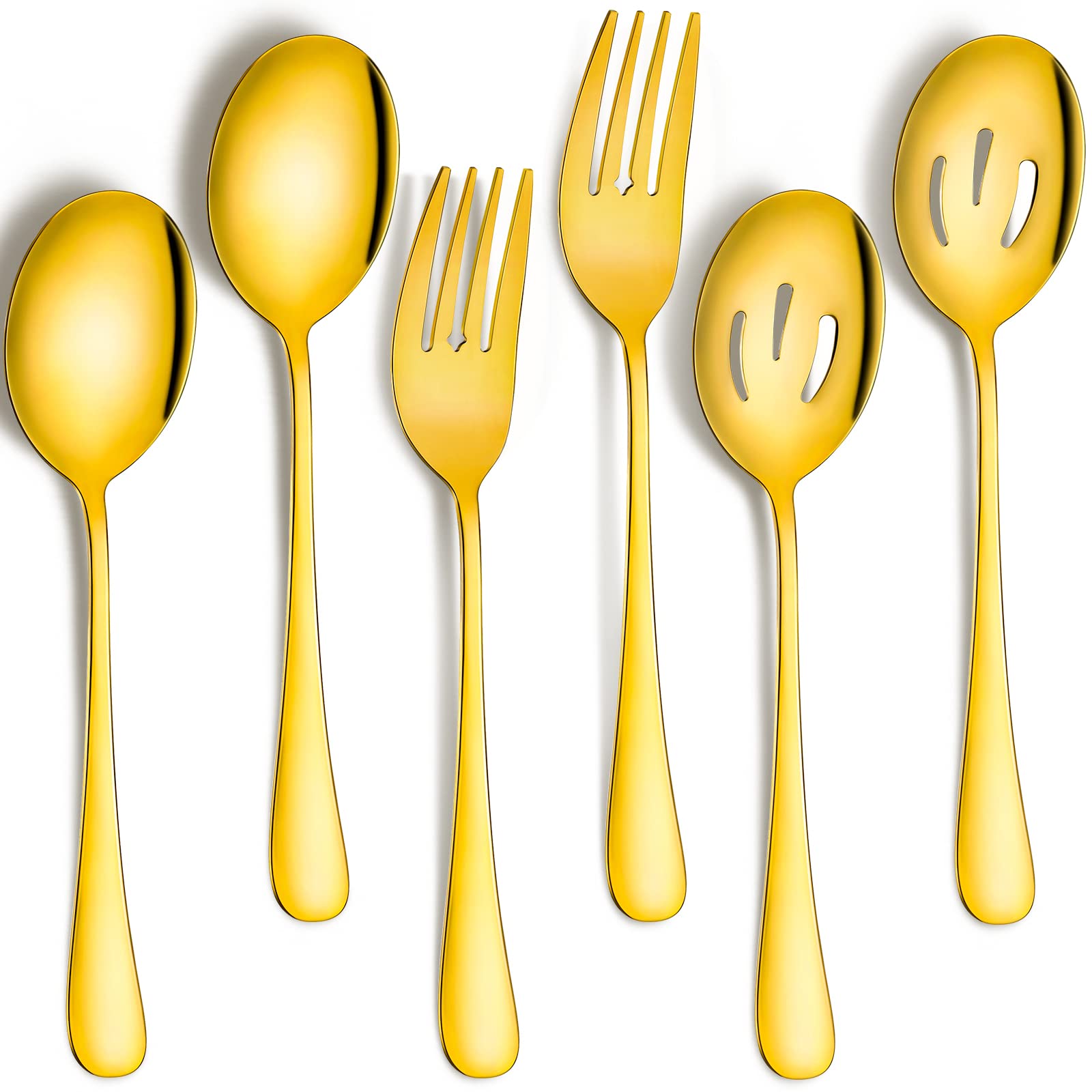 6 Pack Serving Spoons Set Includes 2 Serving Spoons 2 Slotted Serving Spoons and 2 Serving Forks Stainless Steel Buffet Dinner Restaurant Serving Spoons Set for Party Banquet, 8.7 Inch (Gold)