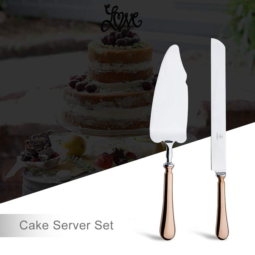 OTW PAVILION Wedding Cake Knife and Server Set,Rose Gold 18/10 Stainless Steel 2 Piece Dessert Set Pie Server Cake Cutter Knife for Birthday,Anniversary,Holiday,Baby Shower,Party