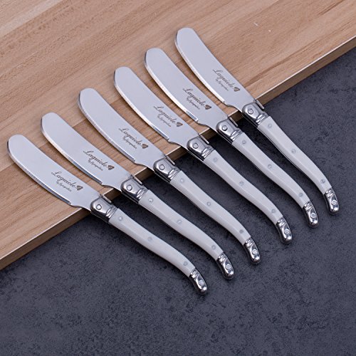 Laguiole By FlyingColors Cheese Knife Butter Spreaders Knife Set. Stainless Steel, White Color Handle, 6 Pieces