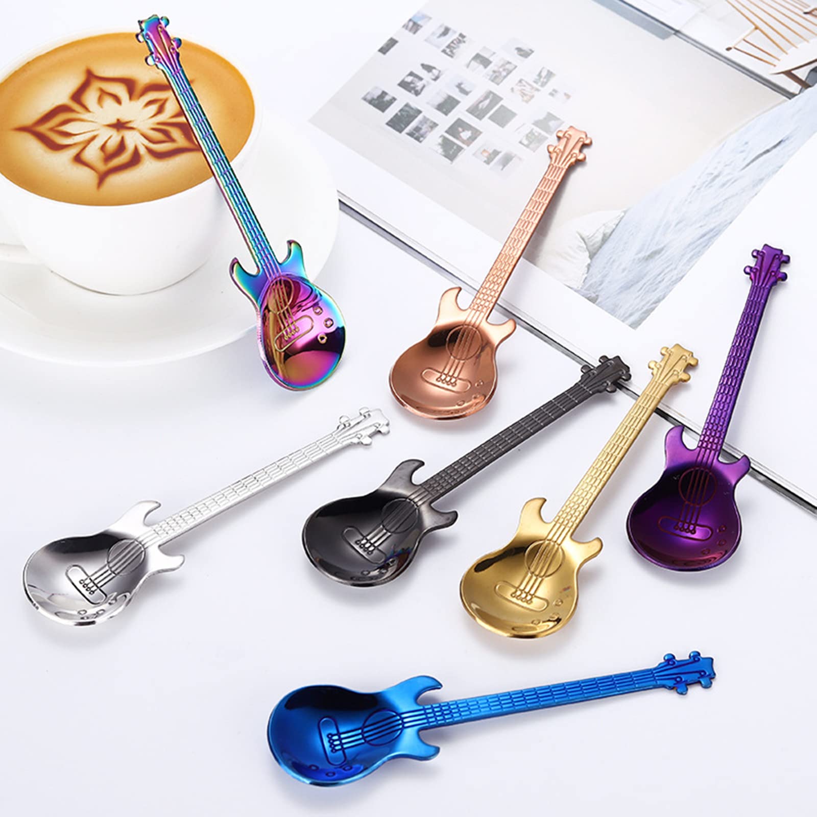 DEAYOU 14 Pieces Guitar Coffee Spoons, 18/10 Stainless Steel Small Spoon, 4.7 Inch Creative Demitasse Espresso Spoons for Dessert, Ice Cream, Tea, Stirring, Mixing, (Multi-Color)