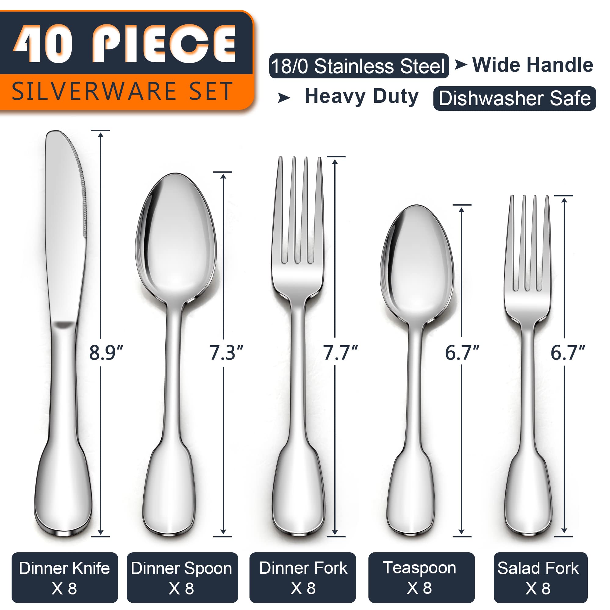 HaWare 40-Piece Silverware Set, Stainless Steel Flatware Service for 8, Fancy Cutlery Tableware with wide handle, Includes Dinner Knives Forks Spoons, Mirror Polished Eating Utensils, Dishwasher Safe