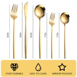 Gold Silverware Set, 30-Piece Stainless Steel Flatware Set Mirror Polished Cutlery Utensil Set Service for 6, Durable Home Kitchen Eating Tableware Set, Include Fork Knife Spoon Set, Dishwasher Safe