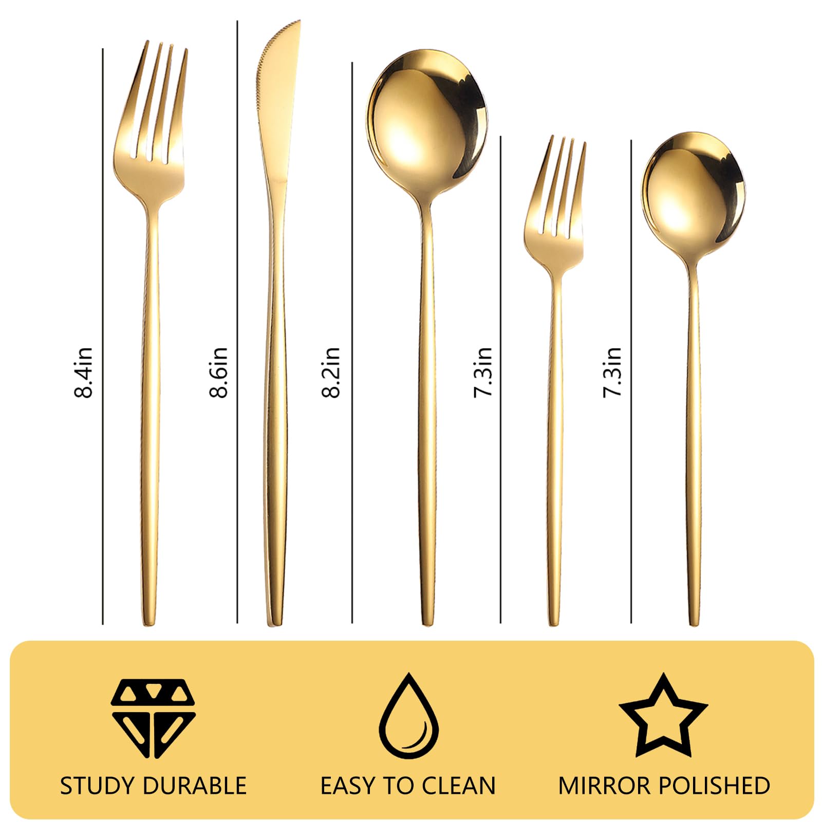 Gold Silverware Set, 30-Piece Stainless Steel Flatware Set Mirror Polished Cutlery Utensil Set Service for 6, Durable Home Kitchen Eating Tableware Set, Include Fork Knife Spoon Set, Dishwasher Safe