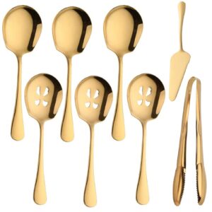 tupmfg serving spoons set - stainless steel serving utensils includes serving spoons, slotted spoons, tongs and cake server for buffet party gold