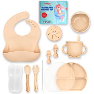 baby led weaning supplies silicone baby feeding set–11pcs baby feeding supplies with suction bowl and plate, fork, spoon, bib, sippy cup, food-grade silicone baby utensils (beige)
