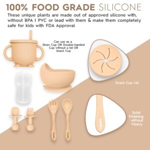 Baby Led Weaning Supplies Silicone Baby Feeding Set–11Pcs Baby Feeding Supplies with Suction Bowl and Plate, Fork, Spoon, Bib, Sippy Cup, Food-Grade Silicone Baby Utensils (Beige)