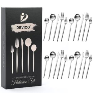 Devico Matte Silverware Set, 20-Piece 18/10 Stainless Steel Flatware Cutlery Utensils Tableware Set Service for 4, Great Gift for Friends/Family, Dishwasher Safe (4 sets, Silver-A)