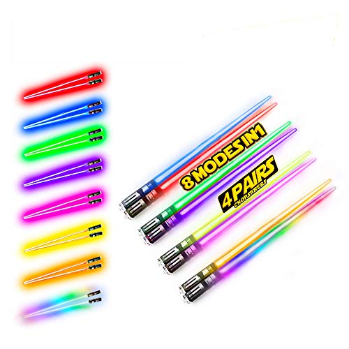 Lightsaber Chopsticks Light Up - LED Glowing Light Saber Chop Sticks - Reusable Sushi Lightup Sabers Chopstick Set Of 4 Pairs - 8 Changing Color Modes