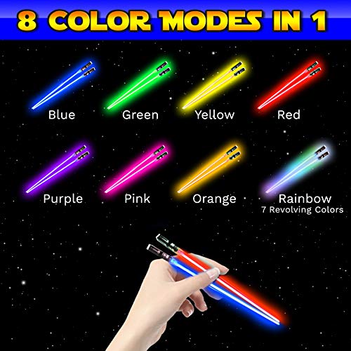 Lightsaber Chopsticks Light Up - LED Glowing Light Saber Chop Sticks - Reusable Sushi Lightup Sabers Chopstick Set Of 4 Pairs - 8 Changing Color Modes