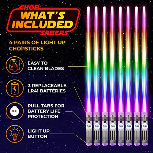 Lightsaber Chopsticks Light Up - LED Glowing Light Saber Chop Sticks - Reusable Sushi Lightup Sabers Chopstick Set Of 4 Pairs - 8 Changing Color Modes