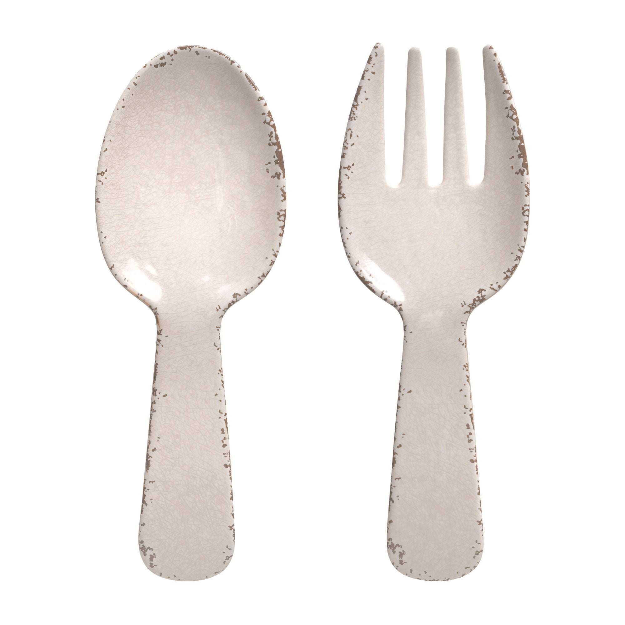 UPware 2-Piece 10.75 Inch Melamine Salad Server Serving Utensil Set Includes Salad Spoon and Salad Fork (Crackle, Cream)