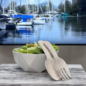 UPware 2-Piece 10.75 Inch Melamine Salad Server Serving Utensil Set Includes Salad Spoon and Salad Fork (Crackle, Cream)