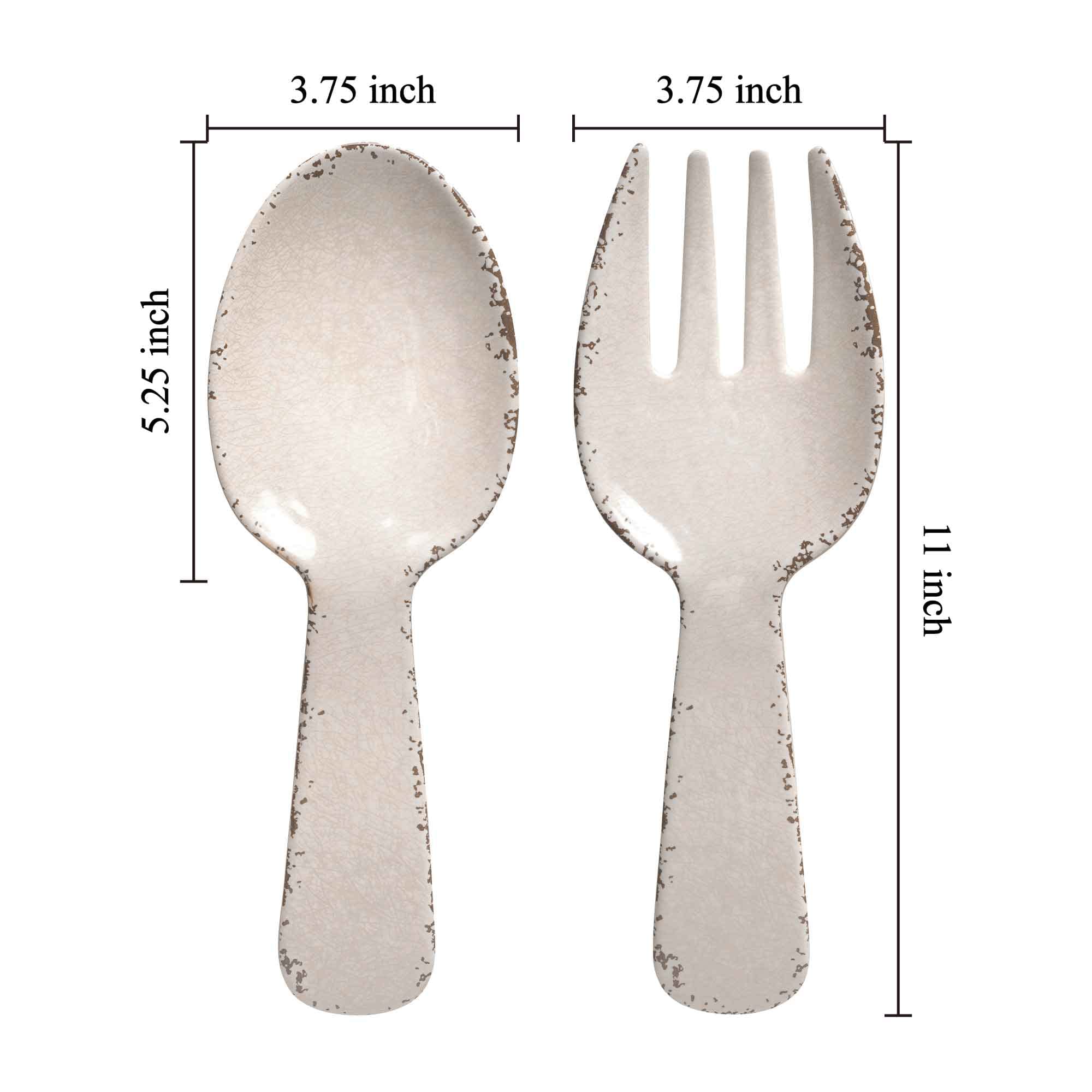 UPware 2-Piece 10.75 Inch Melamine Salad Server Serving Utensil Set Includes Salad Spoon and Salad Fork (Crackle, Cream)