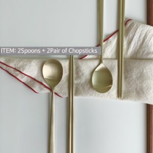 cozymomdeco Korean Made Traditional Utensil Chopstick Set Flatware Champagne Gold Stainless Steel Spoon & Chopsticks 2SET Comfortable Grip