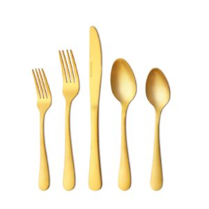 lorena matte gold silverware set, 20 piece gold utensils set service for 4, stainless steel gold flatware set include forks knives spoons, cutlery set for home and kitchen, dishwasher safe