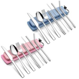 lianyu 2 pack travel silverware set, 18-piece portable utensils flatware set with blue and pink case bag, reusable cutlery set for school office camping, dishwasher safe