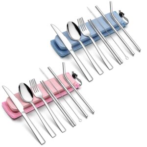 LIANYU 2 Pack Travel Silverware Set, 18-Piece Portable Utensils Flatware Set with Blue and Pink Case Bag, Reusable Cutlery Set for School Office Camping, Dishwasher Safe