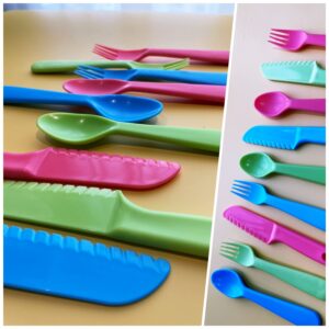 Kids Cutlery Set - Jawbush 9 Pcs Plastic Toddler Utensils with Nylon Knives Forks and Spoons for School Lunch Box, Multi-colored Kids Silverware Set, BPA Free Dishwasher Safe