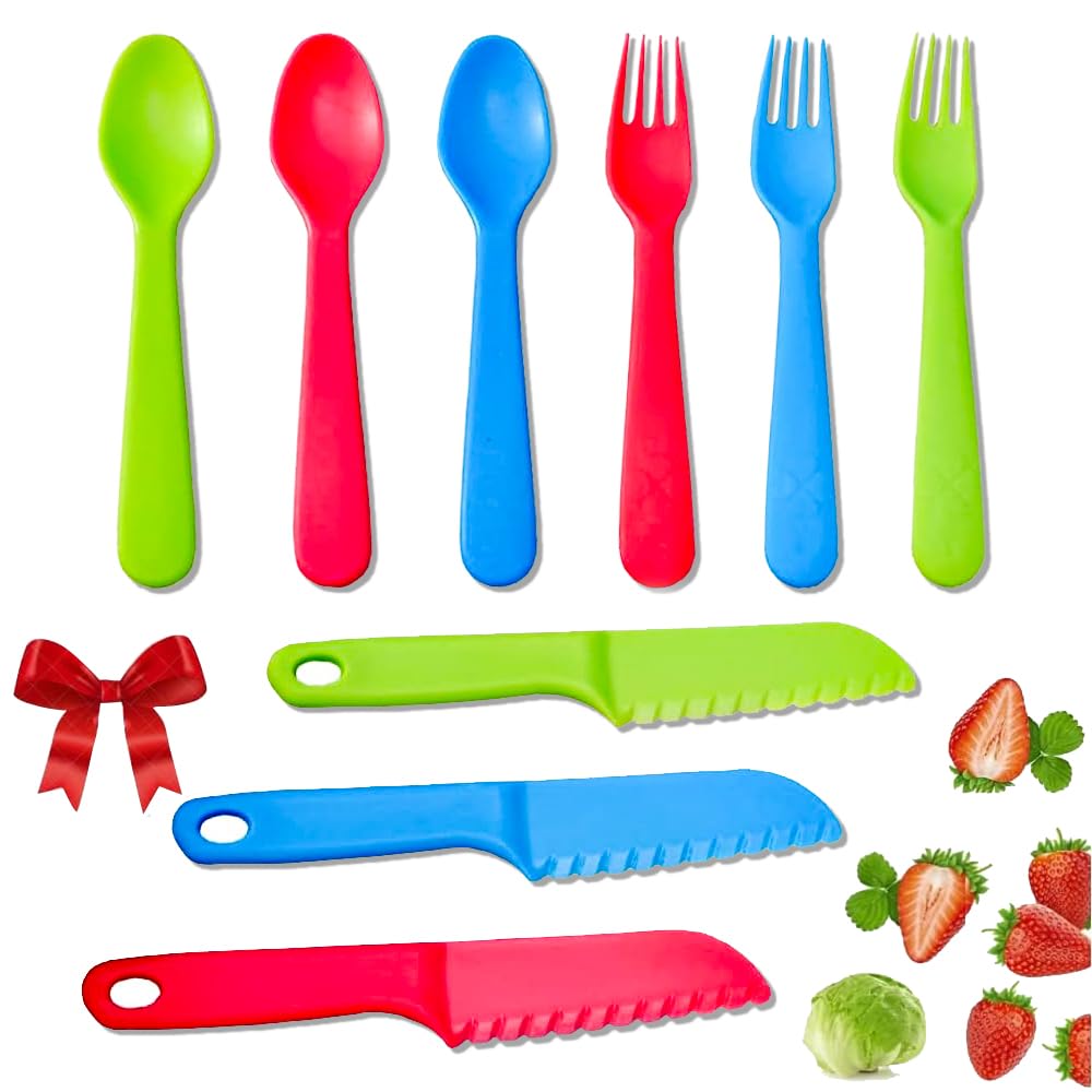 Kids Cutlery Set - Jawbush 9 Pcs Plastic Toddler Utensils with Nylon Knives Forks and Spoons for School Lunch Box, Multi-colored Kids Silverware Set, BPA Free Dishwasher Safe