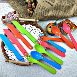 Kids Cutlery Set - Jawbush 9 Pcs Plastic Toddler Utensils with Nylon Knives Forks and Spoons for School Lunch Box, Multi-colored Kids Silverware Set, BPA Free Dishwasher Safe