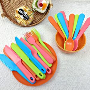 Kids Cutlery Set - Jawbush 9 Pcs Plastic Toddler Utensils with Nylon Knives Forks and Spoons for School Lunch Box, Multi-colored Kids Silverware Set, BPA Free Dishwasher Safe