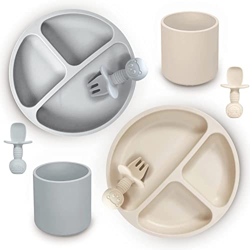 JIFTOK 8 Pcs Silicone Baby Feeding Set, 2 Pcs Silicone Divided Suction Plates, 2 Pcs Cups with 2 Spoon 2 Forks for Baby Led Weaning Supplies, BPA Free Toddler Eating Utensils 6-12 months(Grey & Beige)