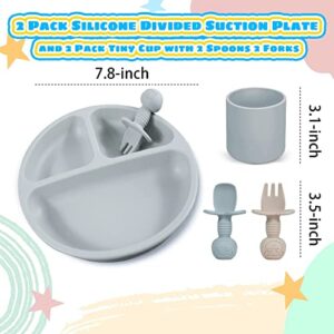 JIFTOK 8 Pcs Silicone Baby Feeding Set, 2 Pcs Silicone Divided Suction Plates, 2 Pcs Cups with 2 Spoon 2 Forks for Baby Led Weaning Supplies, BPA Free Toddler Eating Utensils 6-12 months(Grey & Beige)