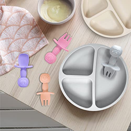 JIFTOK 8 Pcs Silicone Baby Feeding Set, 2 Pcs Silicone Divided Suction Plates, 2 Pcs Cups with 2 Spoon 2 Forks for Baby Led Weaning Supplies, BPA Free Toddler Eating Utensils 6-12 months(Grey & Beige)