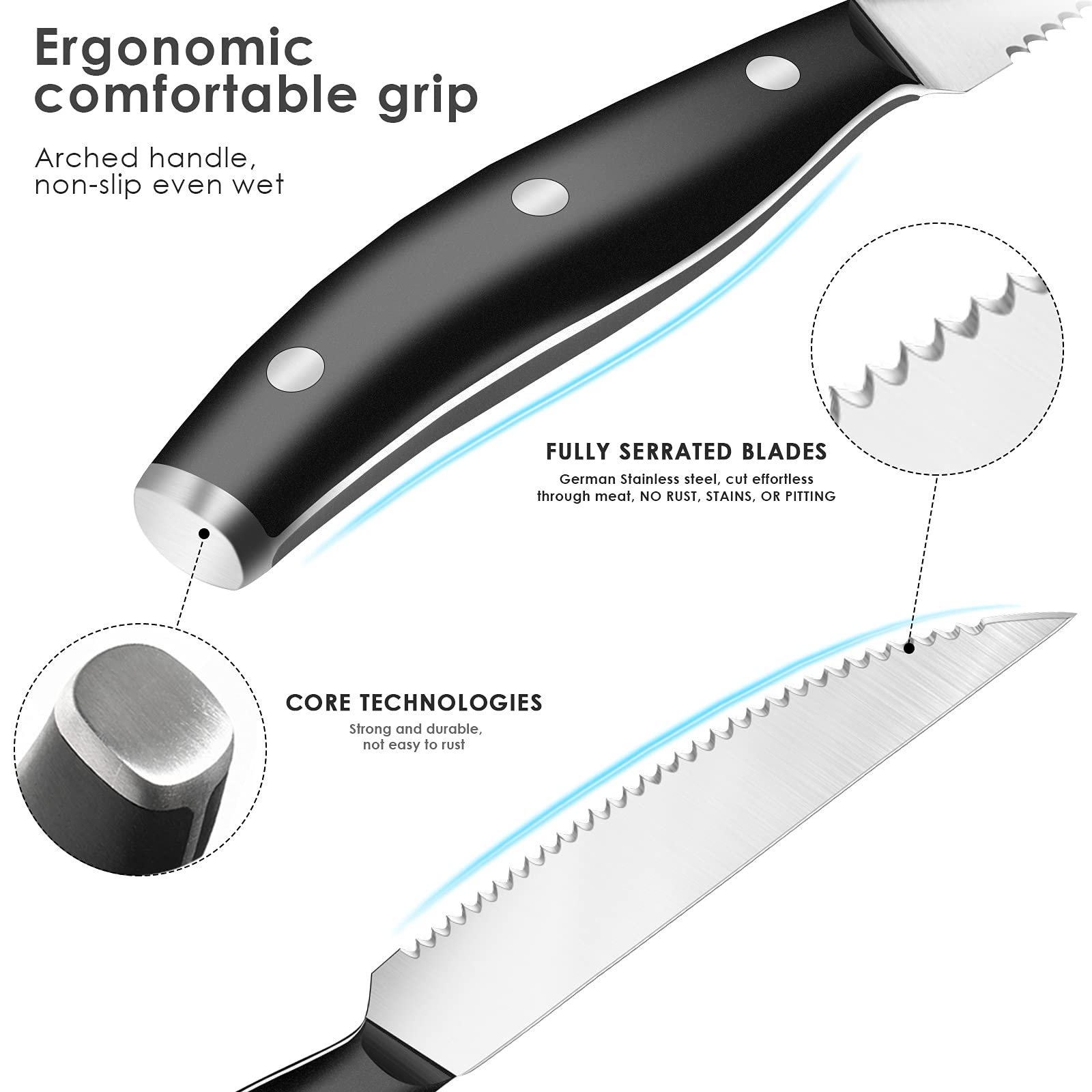 Steak knives 12-Piece Set, Steak Knives Set, 4.6" Highly Resistant and Durable German Stainless Steel Serrated Knife, Sharp Dinner Knives Bread Knife Brisket Knife, Dishwasher Safe Steak Knives