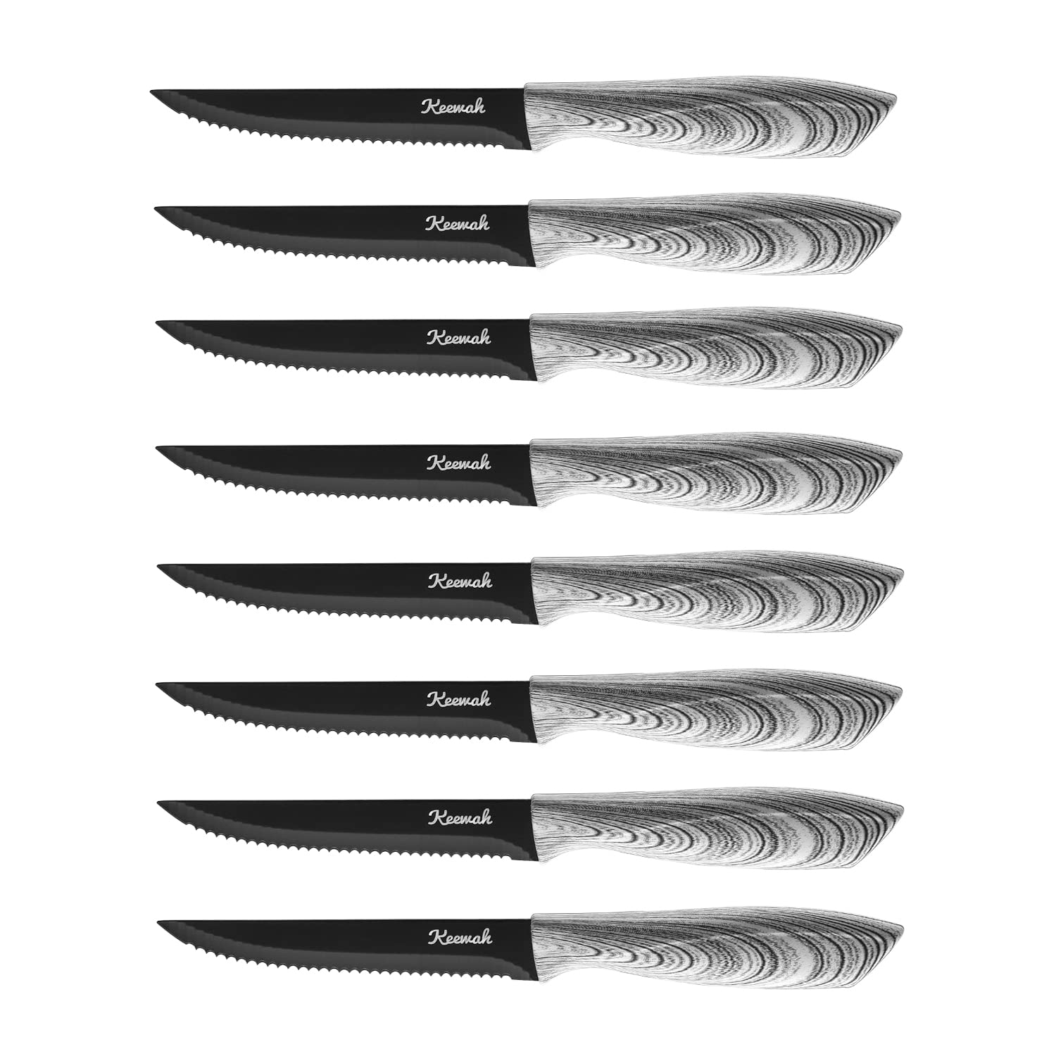 Keewah Steak Knife Set of 8, Stainless Steel Serrated Steak Knives, White Wood Texture Handle
