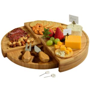 picnic at ascot bamboo cheese/charcuterie board with knives & cheese markers- innovative patented design enables all in one storage