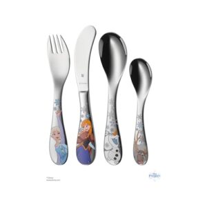 wmf disney frozen children's cutlery set 4 pieces from 3 years stainless steel cromargan polished dishwasher safe colour and food safe, stainless steel, transparent, 22 x 16 x 3 cm