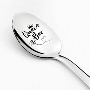 Ptzizi Funny Queen Bee Engraved Stainless Steel Gourmet Spoon Dessert Honey Spoon, Best Birthday Thanksgiving Anniversary Christmas Gifts for Teen Girls Sister Friends Women, Silver, 1.3x7