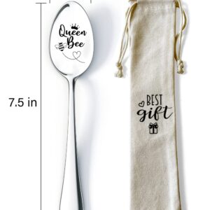 Ptzizi Funny Queen Bee Engraved Stainless Steel Gourmet Spoon Dessert Honey Spoon, Best Birthday Thanksgiving Anniversary Christmas Gifts for Teen Girls Sister Friends Women, Silver, 1.3x7