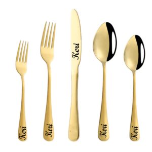 obtian stainless steel customized flatware set,engraving name knife forks spoon,personalized names will be engraved on your tableware, customized birthday christmas gift gold