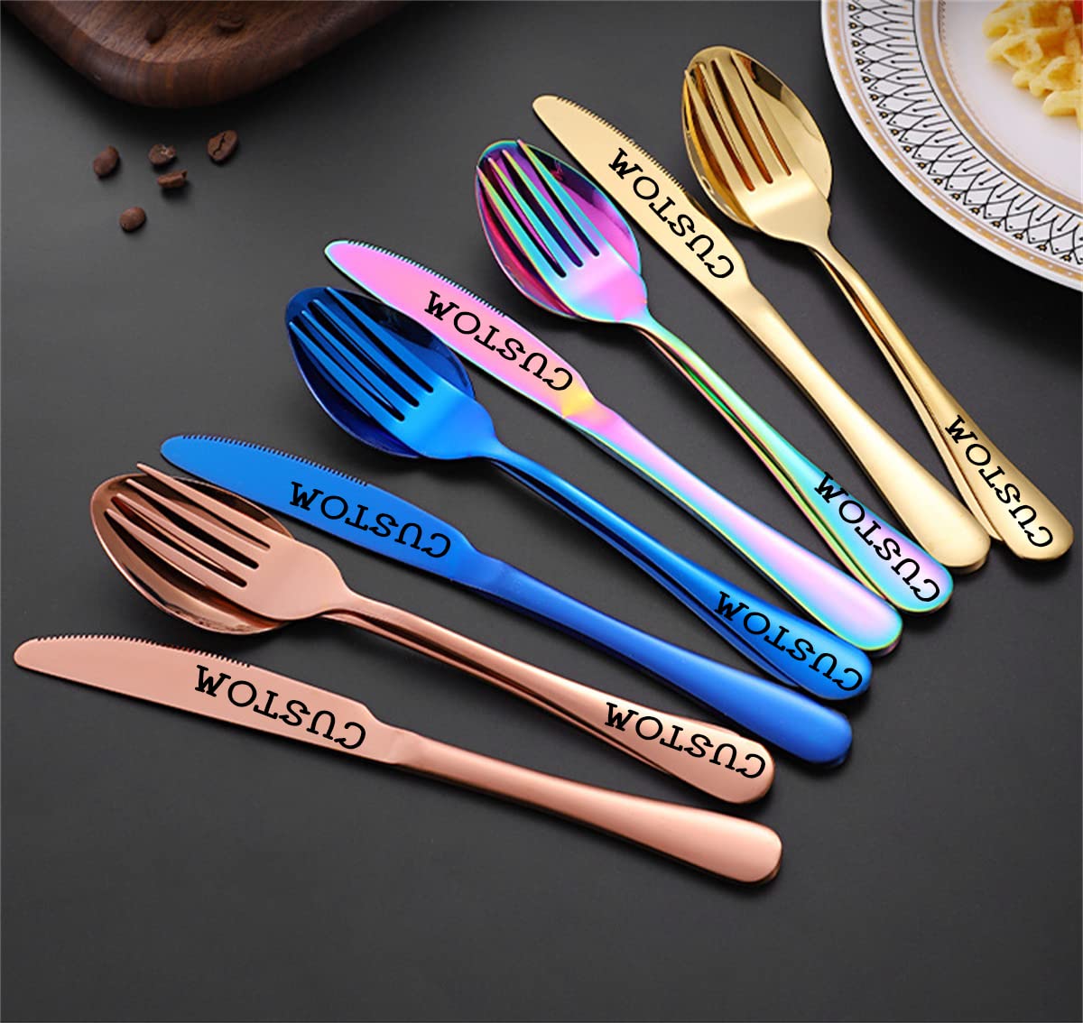 OBTIAN Stainless Steel Customized Flatware Set,Engraving Name Knife Forks Spoon,Personalized names will be engraved on your tableware, Customized Birthday Christmas Gift Gold