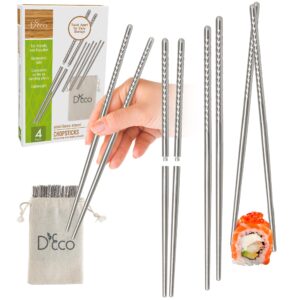 d'eco reusable metal chopsticks (4 pairs) - includes 4 sets of stainless steel twist apart silver chopsticks & travel pouch - lightweight, durable, dishwasher safe - great for chinese japanese cuisine