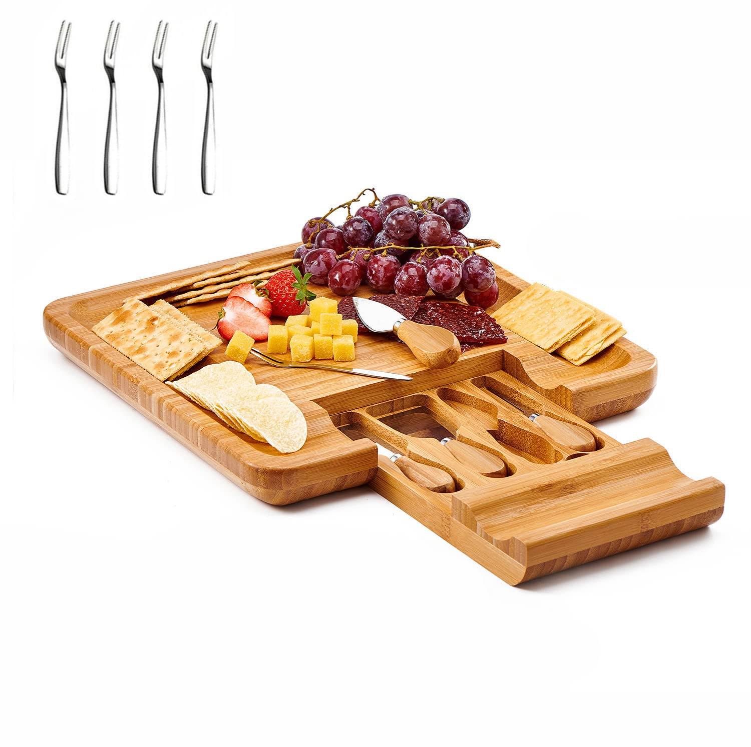 Utoplike Cheese Board Set, Bamboo Charcuterie Boards Server, Large Chacutery Platter Serving Tray with 4 Stainless Steel Knife Folks in Drawer, Perfect for Birthday, Housewarming